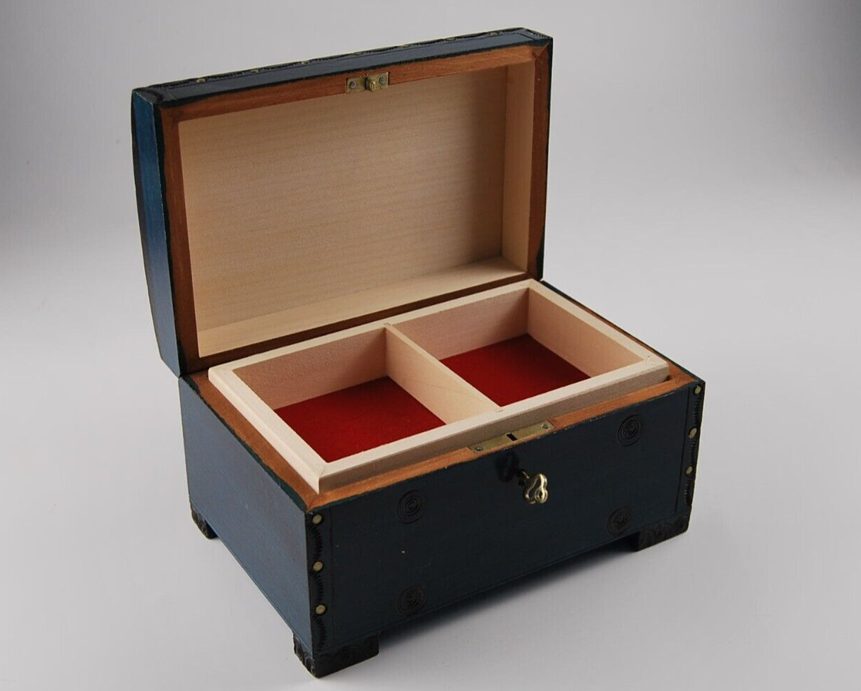 WOODEN JEWELLERY CHEST, VINTAGE STYLE CHEST 20 CM LONG LOCK AND KEY, BLUE eBay