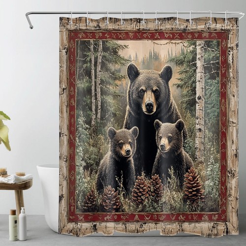 Green Woodland Wild Animal Black Bear Shower Curtain Bathroom Accessories Set - Picture 21 of 23