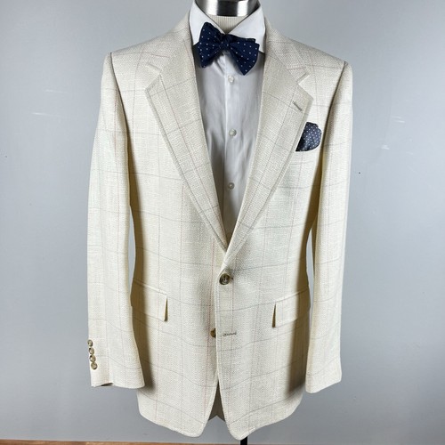 CLASSIC VTG 90s Evan Picone 42L cream ivory blue pink plaid sport coat