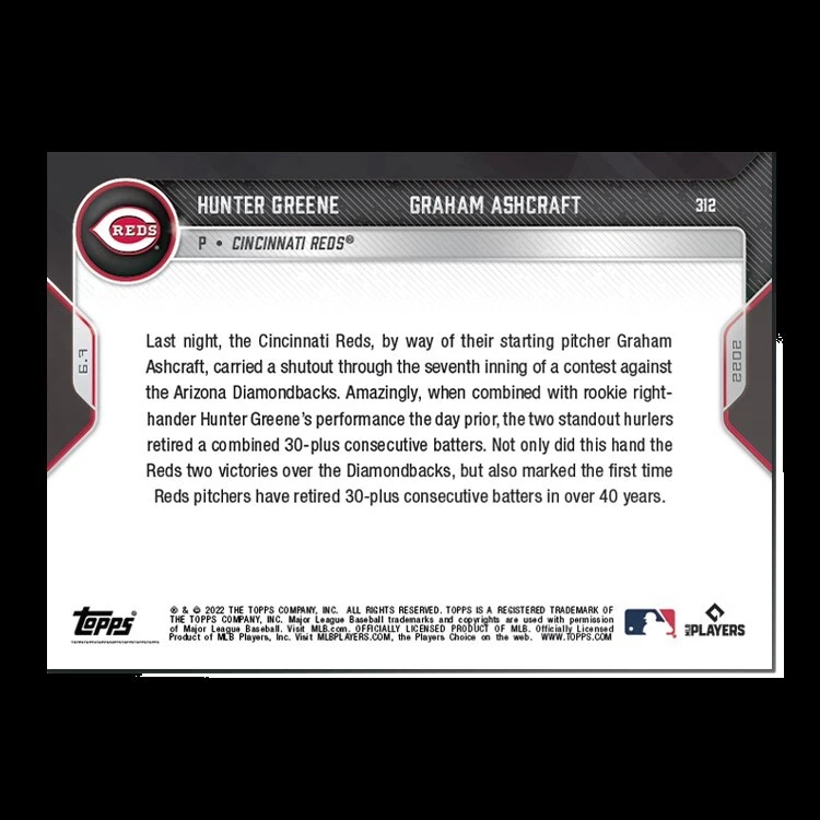 2022 Topps Now #312 Hunter Green Graham Ashcraft Reds (PR-508) - Image 2 of 2