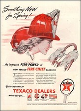 1946 vintage AD for TEXACO FIRE CHIEF GASOLINE Young Lady in a Hurry! 063024
