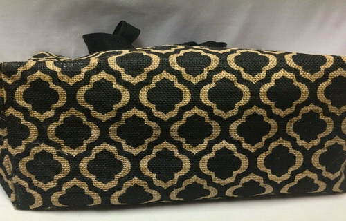 Black Gold Jute Tote Hand Bag Full Lined Top Zip Tote Bag Satchel EUC! - Picture 5 of 11