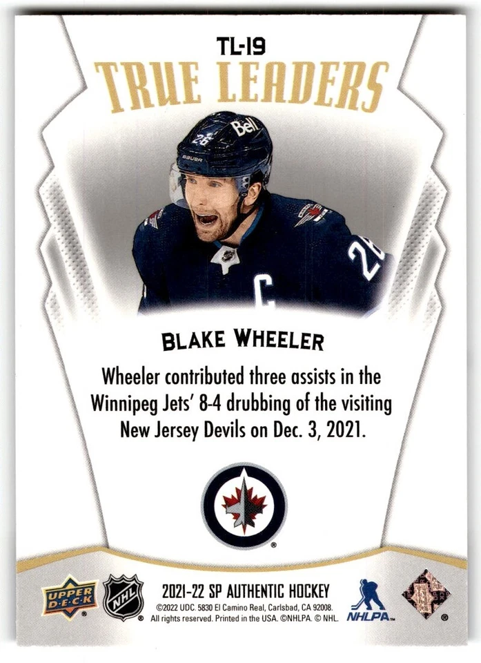 2021-22 SP Authentic True Leaders Blake Wheeler #TL-19 - Image 2 of 2