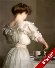 YOUNG WOMAN IN DRESS PREPARING TEA OIL PAINTING ART REAL CANVAS GICLEE PRINT