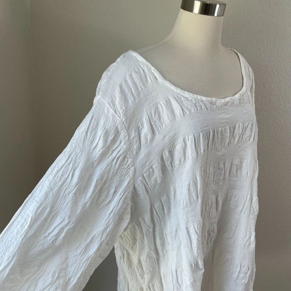 Flax Womens Plus 3G White Crinkled Linen Cotton Blend Long Sleeve Tunic Top - Image 2 of 4