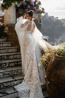 Brautkleid Boho Hochzeitskleid V-Ausschnitt Leckage Zurück Spitze Aufkleber - Bild 1 von 4