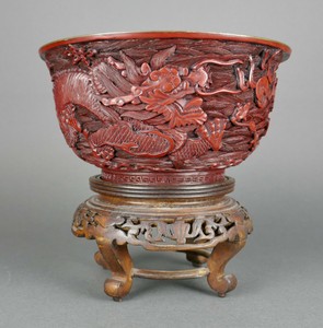 Fine Antique Chinese Cinnabar Carved Lacquer Imperial Dragon Flying Ocean Bowl