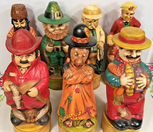 Set of 7 Vintage Hand Painted Alberta Bar Ware Decanter Bottles