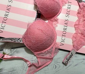 Victoria&rsquo;s Secret Shine Strap Very Sexy Lace Push-Up Bra Thong Set Pink Roses