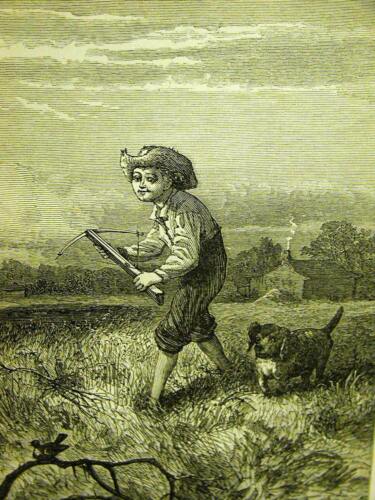 Tir de chasse aux oiseaux LITTLE BOY AND DOG avec arc et flèche 1870 imprimé antique mat - Photo 1 sur 4