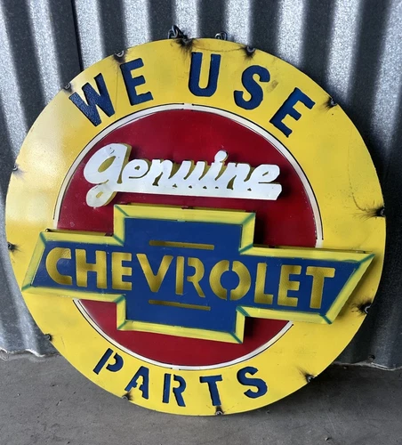 Vintage Genuine Chevy Parts 3D Tin Metal Sign We Use Rustic Classic Shop Garage