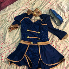 Girls Blue Sequin Dance Costume Leotard w/ Jacket Skirt  Matching hat.  7/8
