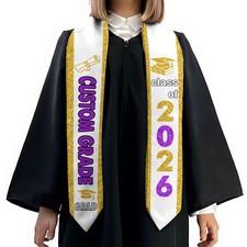 Custom Grade Sash Class Of 2026 Gold And Purple Glitter Pattern Graduation Stole