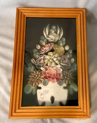 Vtg FOLK ART SEASHELL BOUQUET SHADOW BOX ARTIST JULIO GUADALUPE MEZA MEXICO 1989