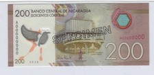 SPECIMEN 2014. NICARAGUA 200 CORDOBAS. P-213as POLYMER BANKNOTE. FREE SHIPPING