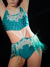NEW Glamour Elite Dance Costume CXL Ocean Eyes STUNNING Teal White beaded fringe