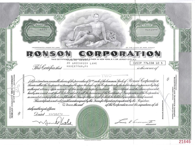 Ronson Corporation Stock Certificate 1970 2 Shares