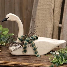 New Primitive Goose LARGE WOOD SWAN FIGURE WITH TWIG WREATH Statue Cream Tan 15"