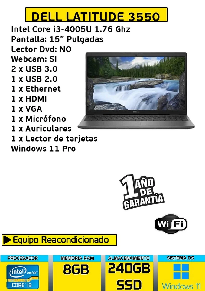 ORDENADOR PORTATIL DELL LATITUDE 3550 CORE I3 8GB RAM 240GB SSD WINDOWS 11 - Imagen 4 de 4