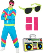 Men`s Bright 80`s Tracksuit Costume Adult 90`s Neon Retro Track Suit Halloween