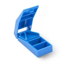 Blue Pill Cutter Dispenser Tablets Pill Box Storage Container w/ Splitter Blade