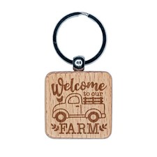 Welcome to Our Farm Engraved Wood Square Keychain Tag Charm