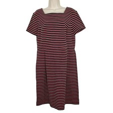 Talbots Dress Pleated Women Size 14 Pink Black Stripe Short Sleeve Square Neck