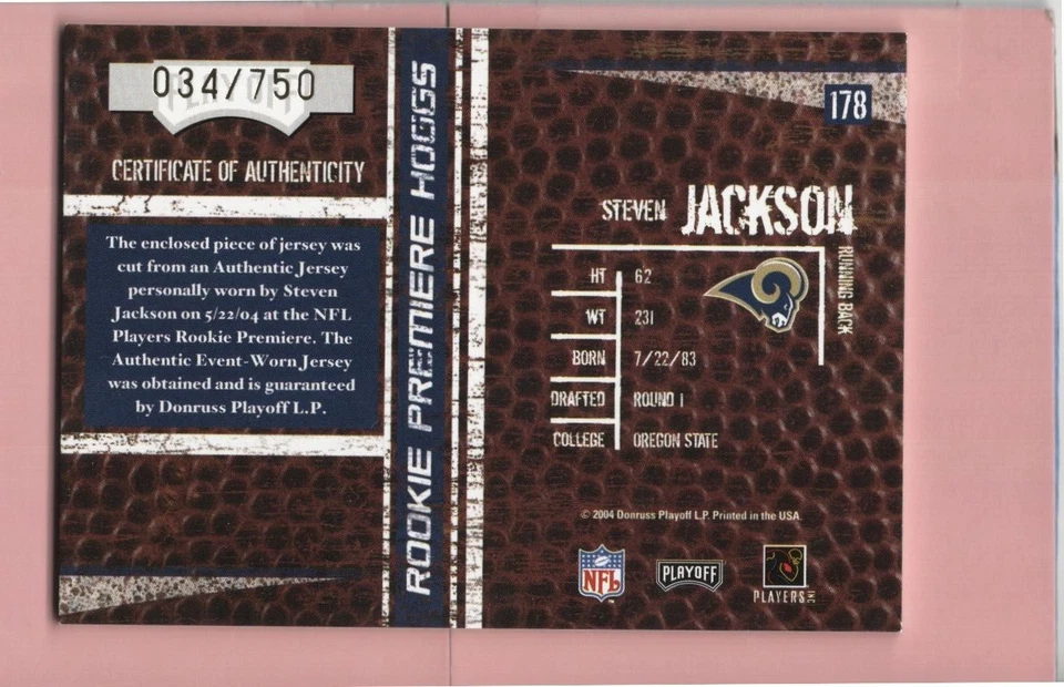 STEVEN JACKSON 2004 Playoff Hogg Heaven #178 Rookie Premiere Hogg RC S#034/750 - Image 2 of 2