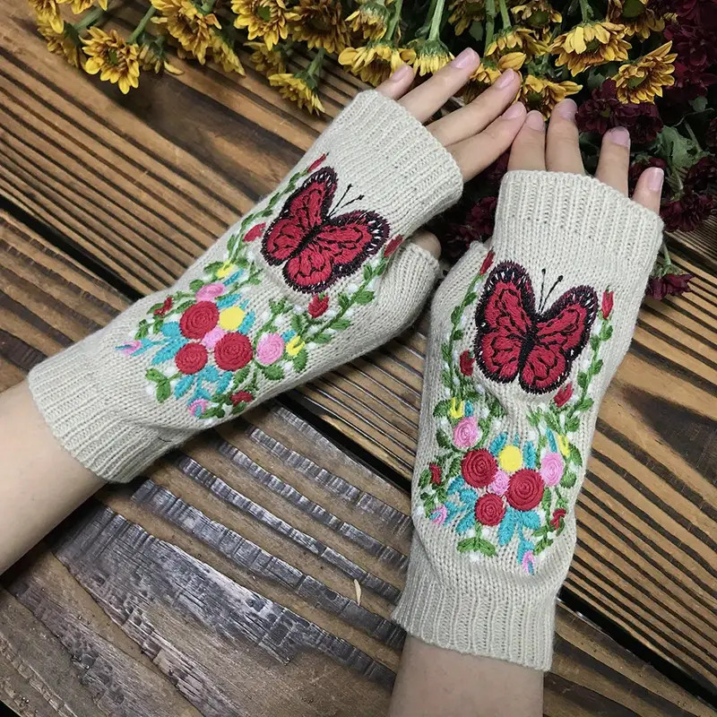 Women Winter Embroidery Knitted Crochet Fingerless Half-Finger Gloves-US Seller