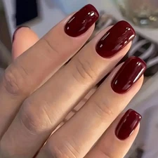 24pcs Medium Square Press On Nails, Glossy Fake Nails,Full Cover Red Color