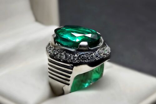 16 Carat Lab Created Deep Green Emerald Sterling Silver 925 Handmade Mens Ring - Picture 2 of 12