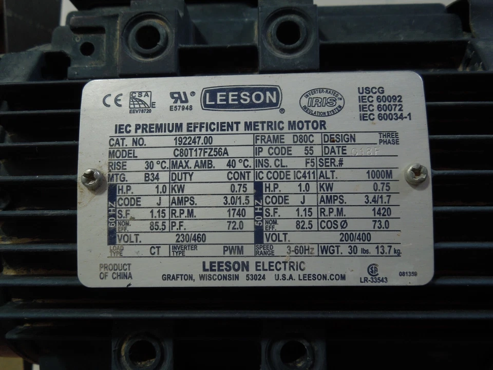 NEW LEESON 192125.00 IEC METRIC MOTOR 1.0HP C80T17FZ10C - Image 2 of 4