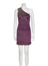 Versace Metal Chain Leather Harness Embellished Purple One Shoulder Short Dress