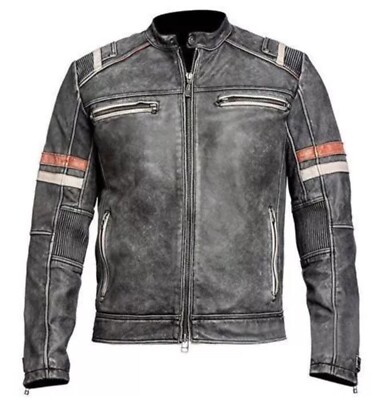 Men s Vintage Cafe Racer Biker Retro Moto Distressed Black Leather Jacket