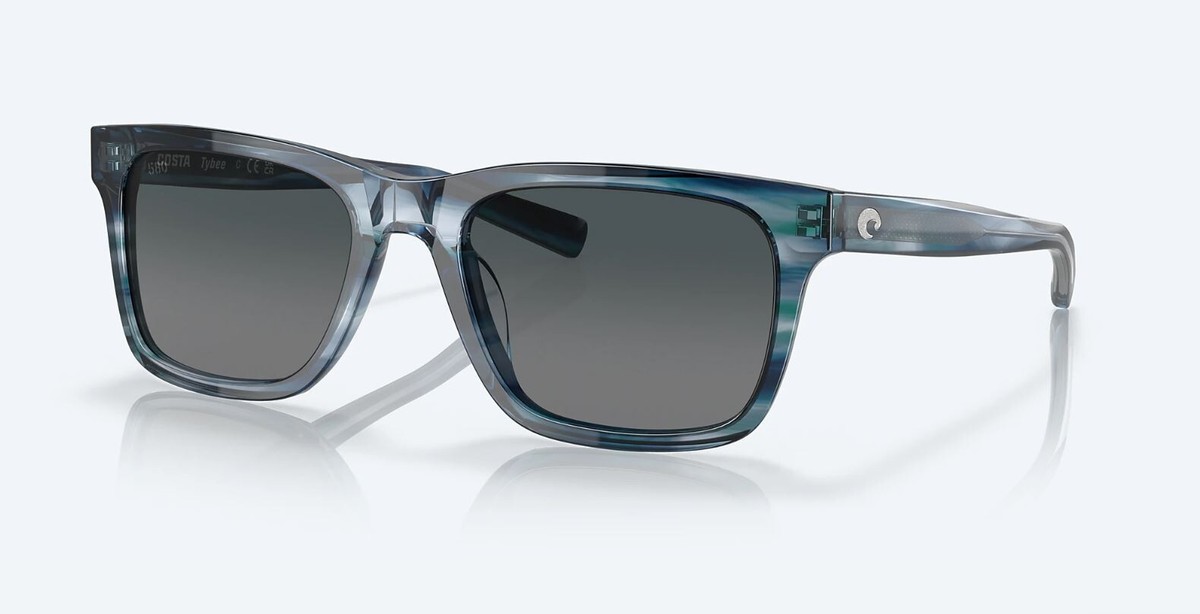 Costa Del Mar Tybee - Occhiali Da Sole Rettangolari Da Uomo, Cristallo Grigio Chiaro Lucido/Blu Specchio Polarizzato -580 G, 52 Mm
