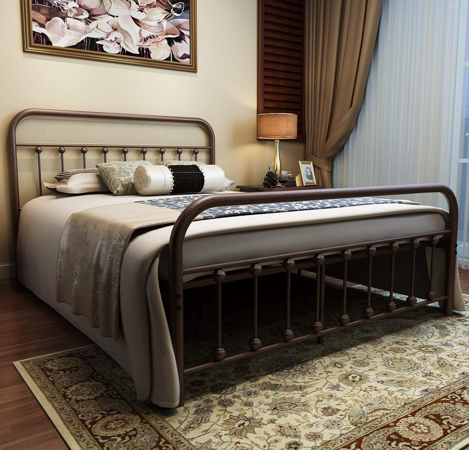 Country Style Metal Queen Bed Frame with Iron-Art Headboard & Footboard-image