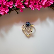 Heart Black Pearl ring, Adjustable Ring