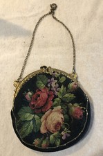 Antique 20s Small Black Petit Point Needlepoint Floral Brass Frame Evening Bag