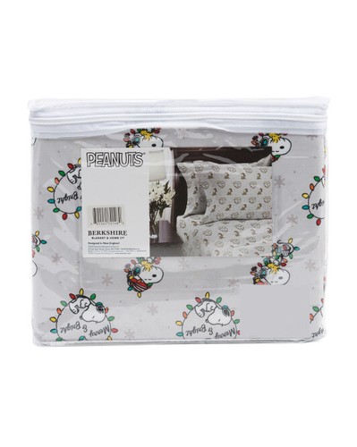 Berkshire Peanuts Christmas Lights TWIN FULL Sheet Set Snoopy Woodstock Gray - Picture 10 of 12