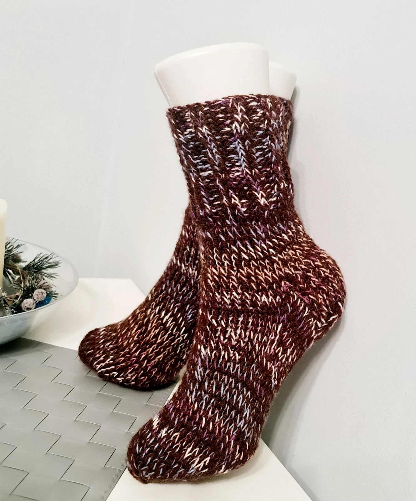 Hand knitted Warm Chunky Alpaca Wool Mohair 4-5UK size winter bed socks slippers