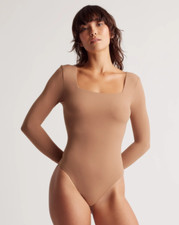 Quince Second Skin Square Neck Long Sleeve Bodysuit Size S Women's Mocha