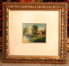 MINIATURE VTG 70'S FRAMED P. KLAUS ORIGINAL OIL BOAT RIVER CABIN LANDSCAPE SCENE