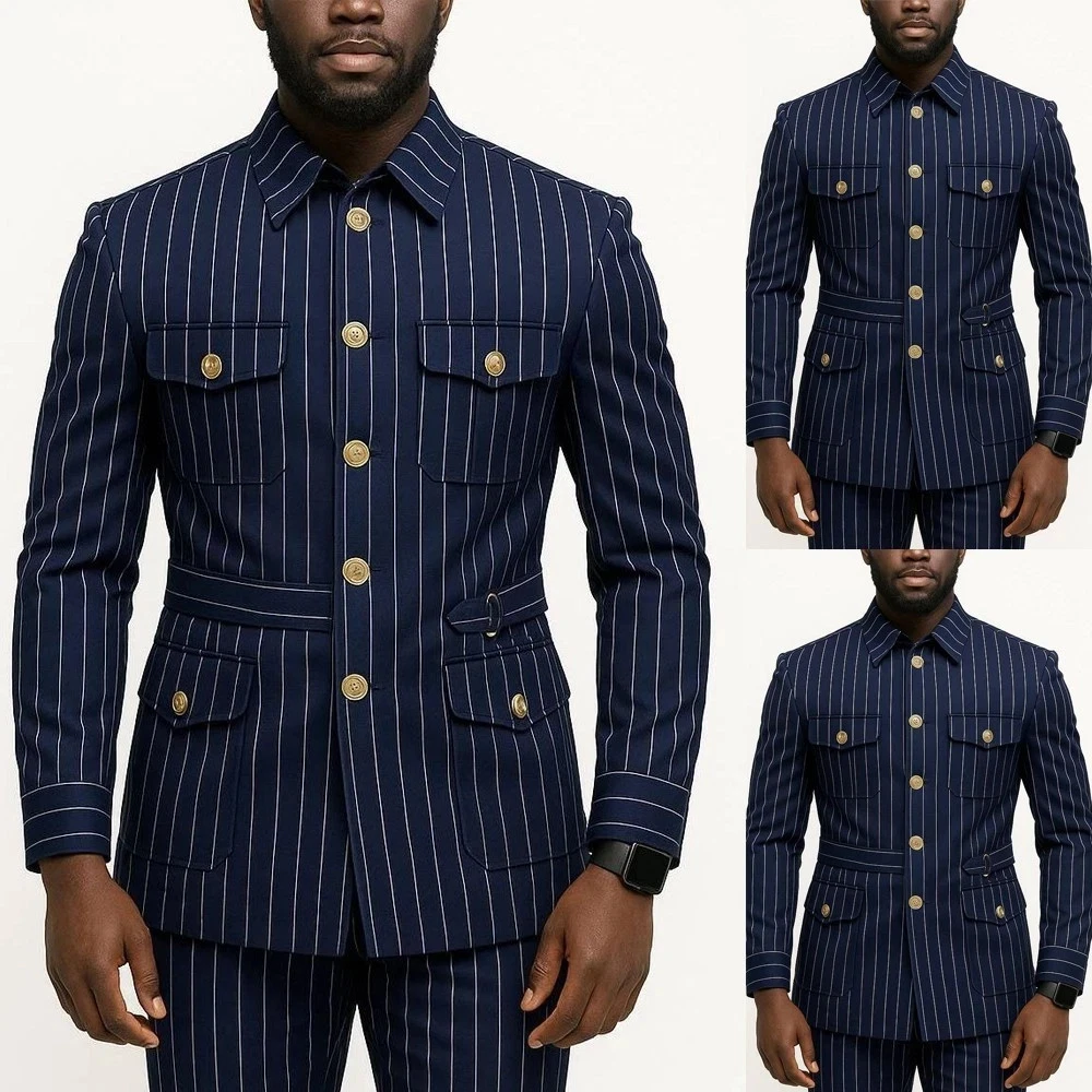 Navy Blue Pinstriped Men's Suits Safari Jacket Wedding Outdoor Hunting Coat Pant