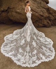 Wedding Dress Mermaid Lace Deep V-Neck Neckline Full Sleeves Chapel Train HOT