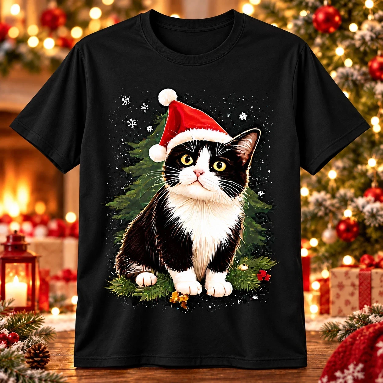 HOT# Christmas Tuxedo Cat, Santa Hat Graphic T-Shirt Cute Holiday Kitty Tee Gift image 1