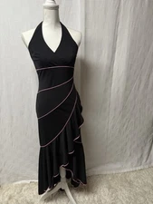 VTG Y2K Blondie Nites Halter Dress Women Sz 5 Black Ruffles With Pink Detailing 