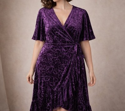 Calvin Klein Dress 16 Purple Velvet Burnout Ruffle Wrap Whimsigoth Witchy
