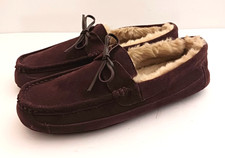 NEW Eddie Bauer Brown Suede Mocassin Slippers Fleece Lined Mens L 9.5-10.5
