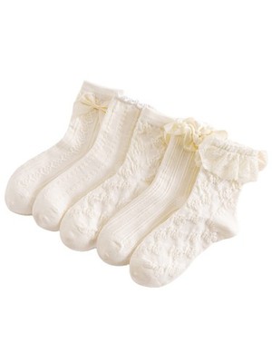 Verdusa Women's 5 Pairs Bow Lace Ruffle Ankle Socks Beige One Size, 