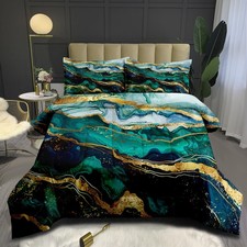 Emerald Green Marble Comforter Set Twin Size Gold Glitter Abstract Watercolor...